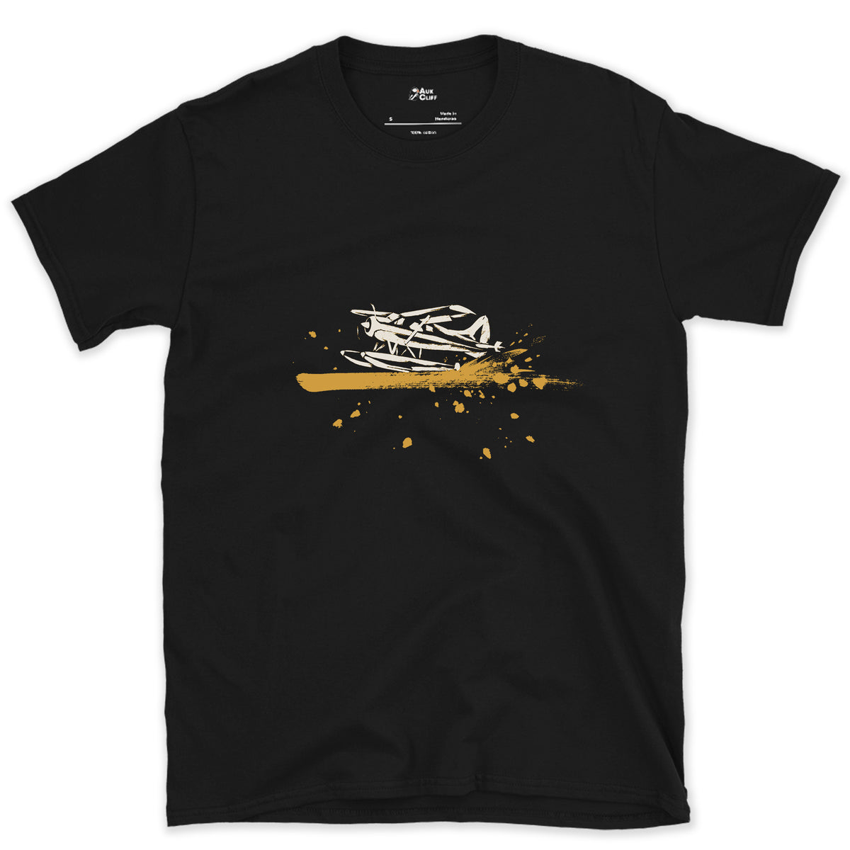 Landed on the Water design on a Black Gildan Softstyle t-shirt