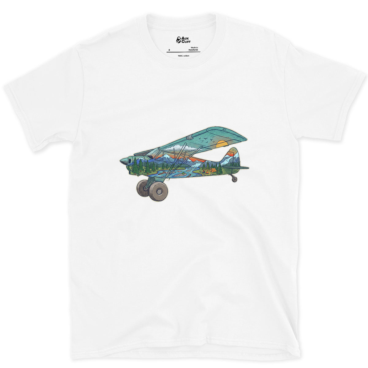Landing on the Gravel Bar, Bush Plane design on a White Gildan Softstyle t-shirt