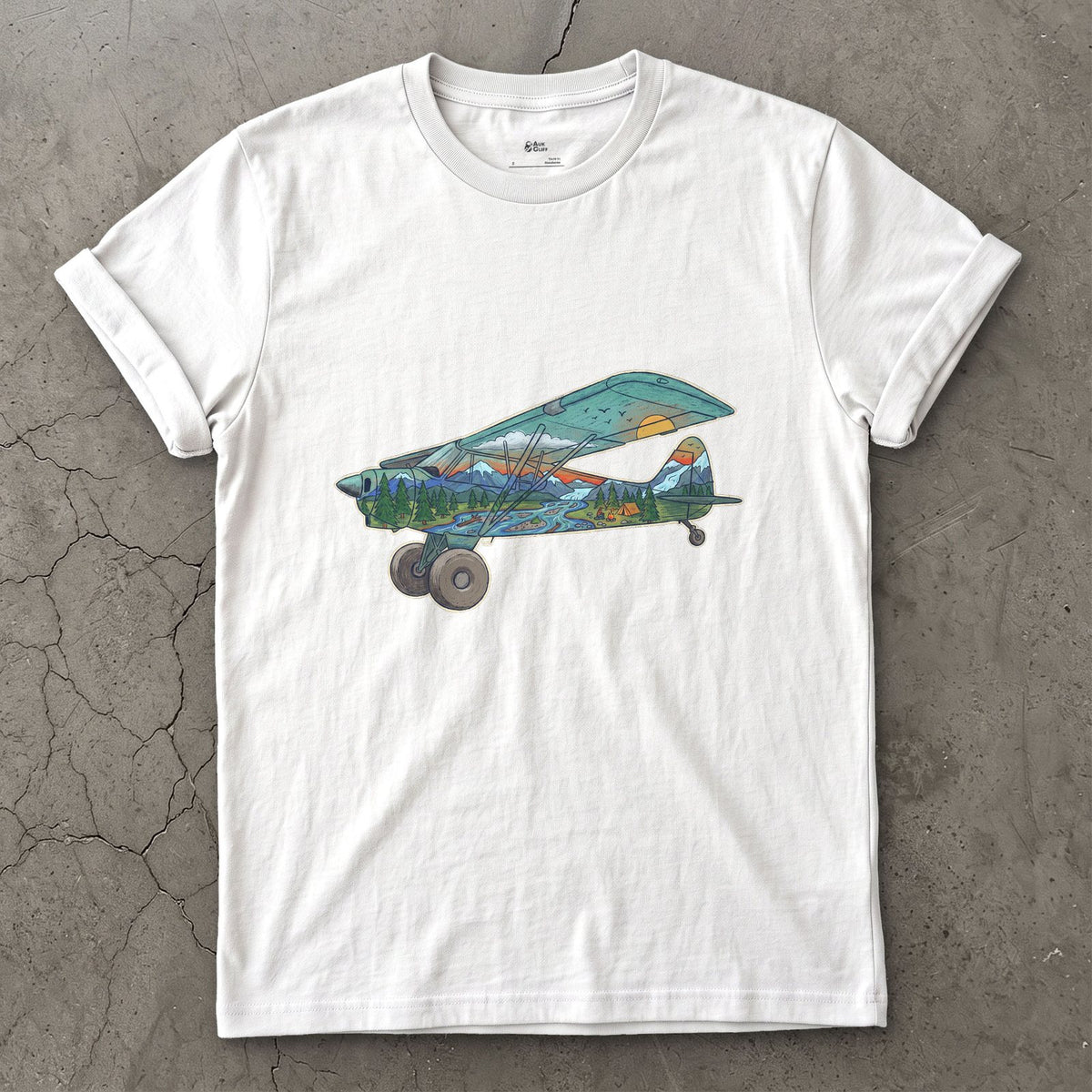 Landing on the Gravel Bar, Bush Plane design on a White Gildan Softstyle t-shirt