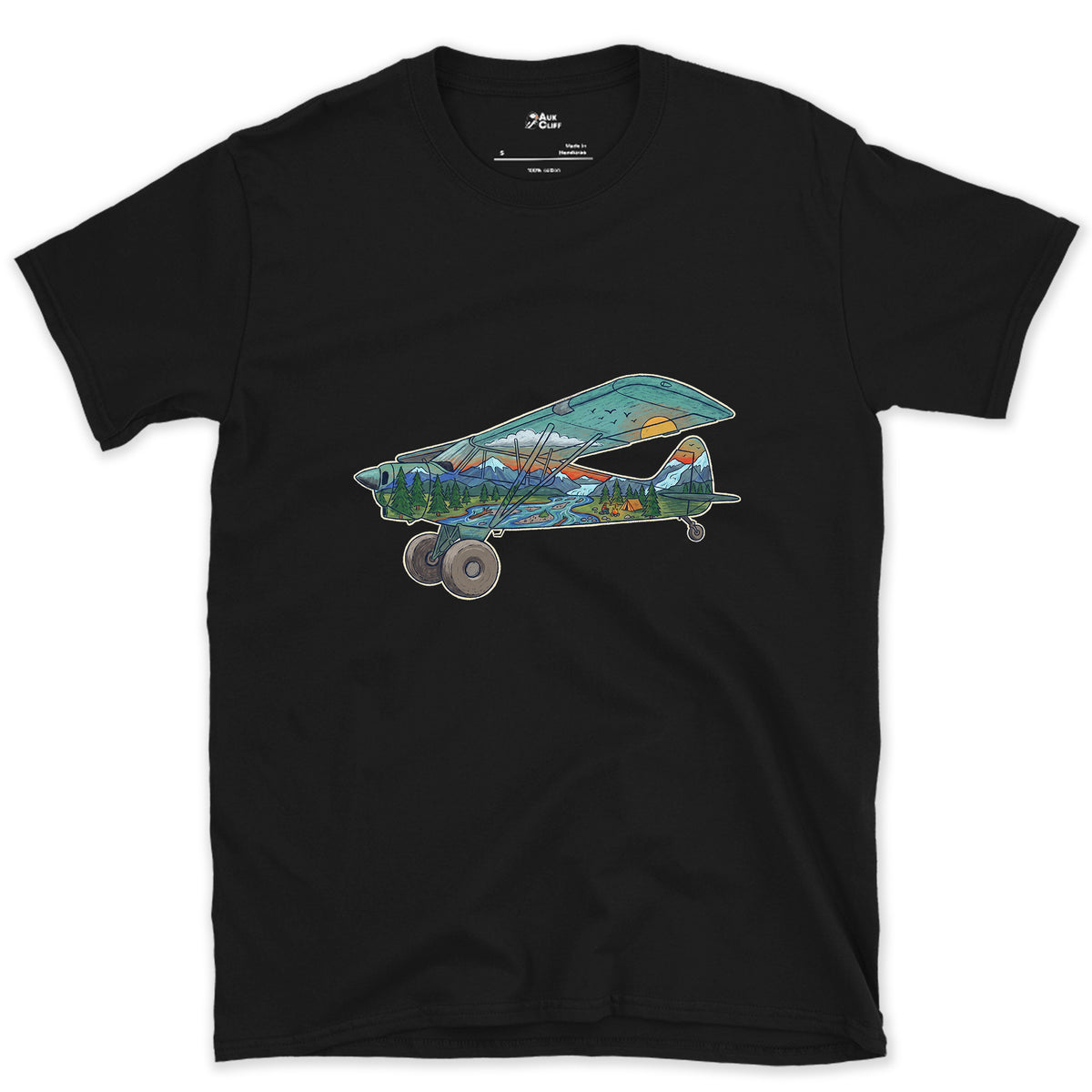 Landing on the Gravel Bar, Bush Plane design on a Black Gildan Softstyle t-shirt