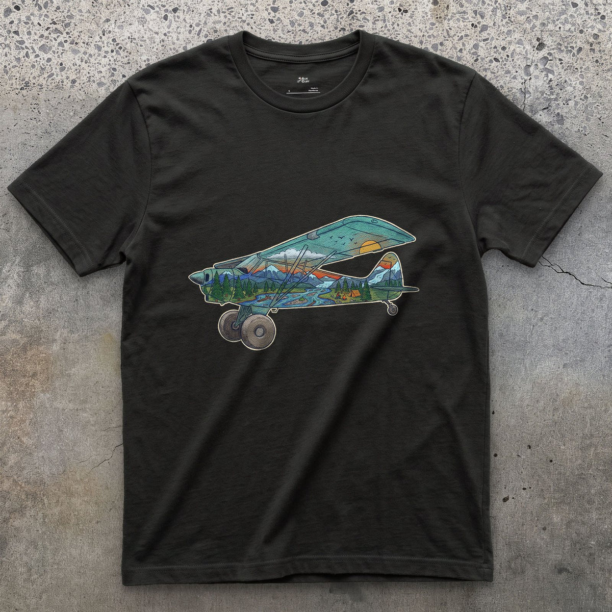 Landing on the Gravel Bar, Bush Plane design on a Black Gildan Softstyle t-shirt