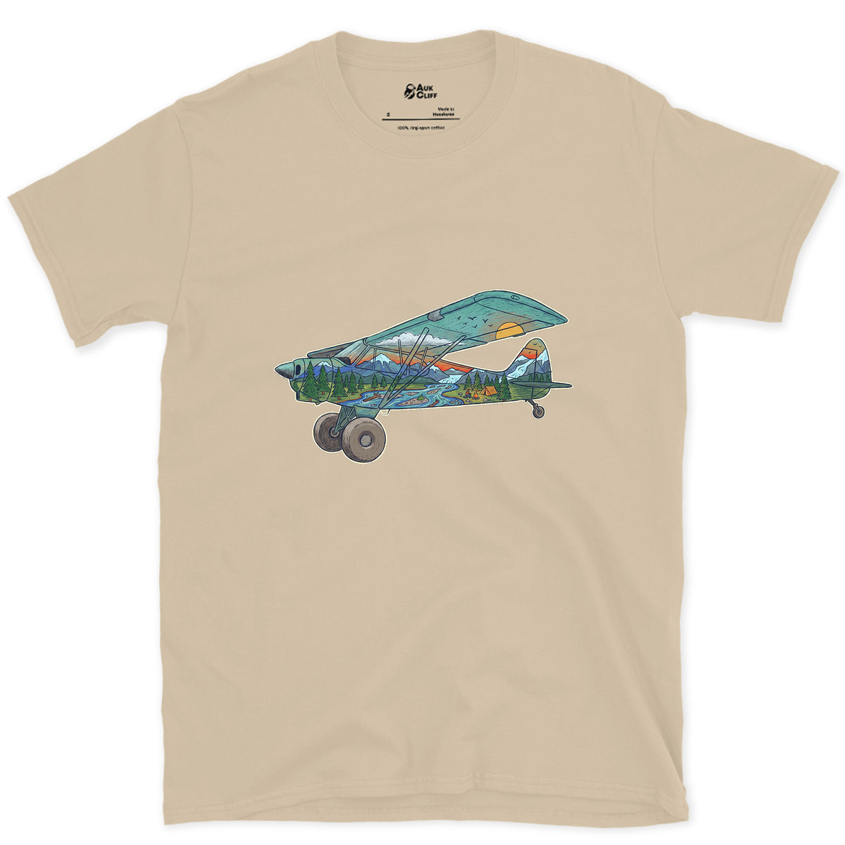 Landing on the Gravel Bar, Bush Plane design on a Sand Gildan Softstyle t-shirt