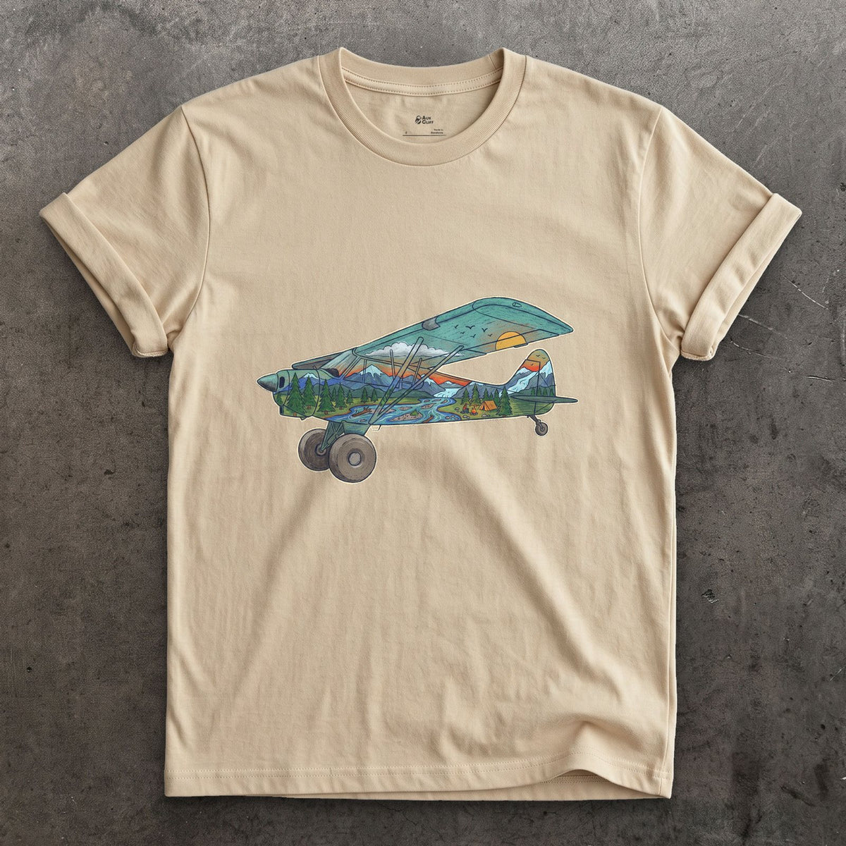 Landing on the Gravel Bar, Bush Plane design on a Sand Gildan Softstyle t-shirt