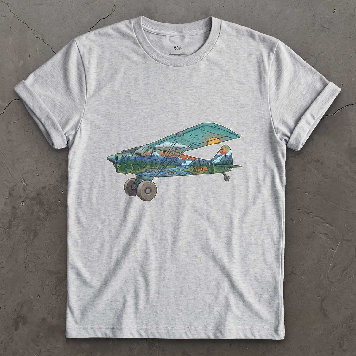 Landing on the Gravel Bar, Bush Plane design on a Sport Grey Gildan Softstyle t-shirt