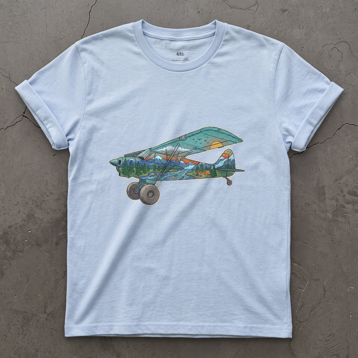 Landing on the Gravel Bar, Bush Plane design on a Light Blue Gildan Softstyle t-shirt