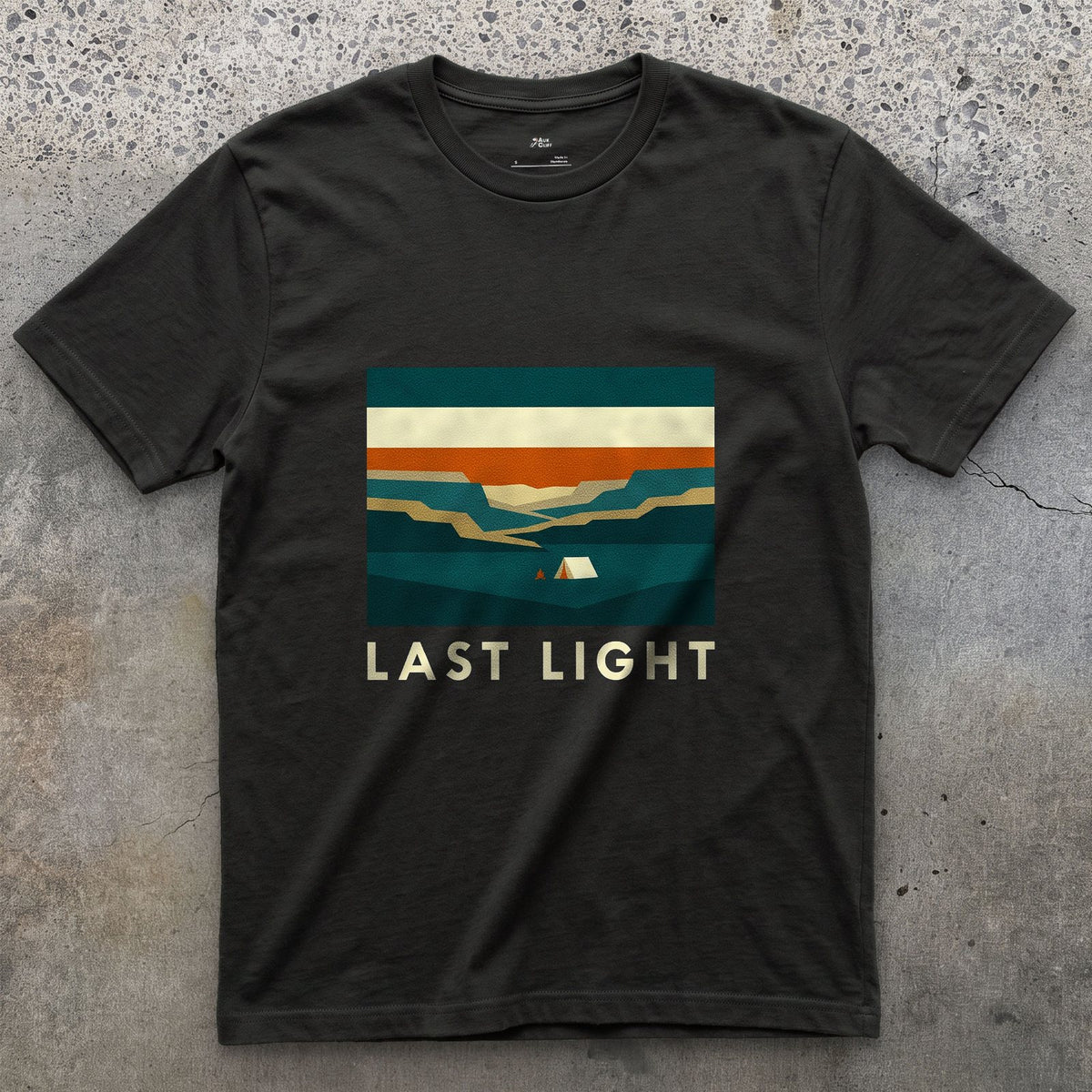 Last Light, Valley Camp design on a Black Gildan Softstyle t-shirt