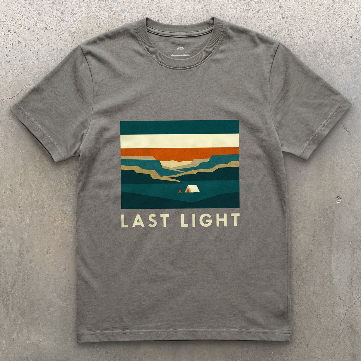 Last Light, Valley Camp design on a Charcoal Gildan Softstyle t-shirt