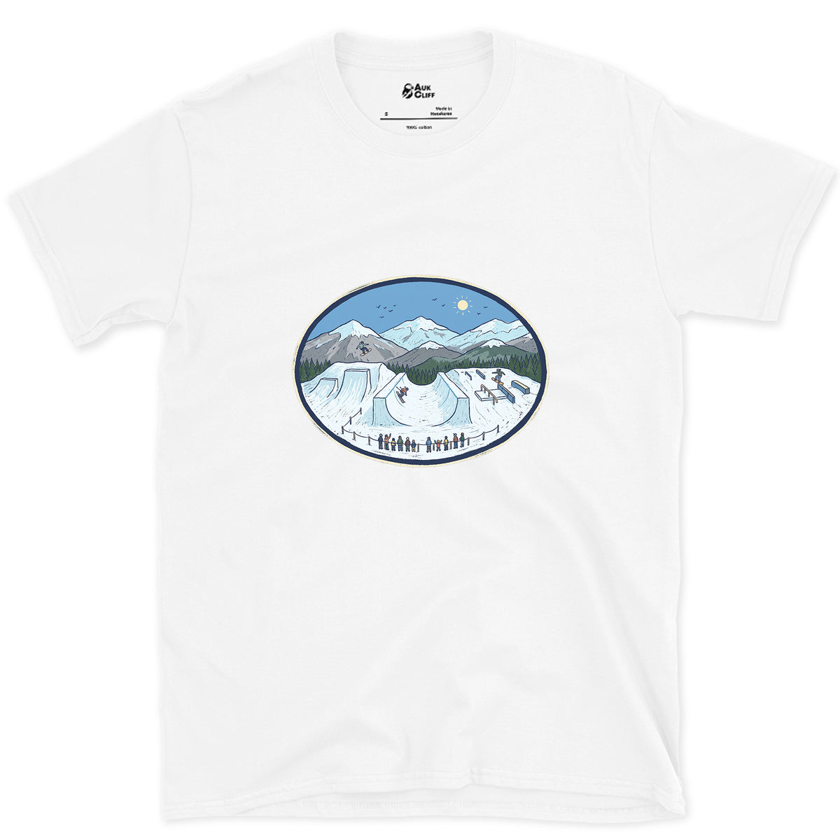 Late Morning in the Snow Terrain Park design on a White Gildan Softstyle t-shirt