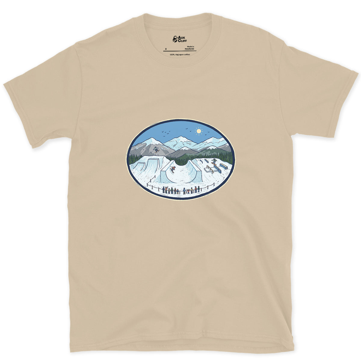 Late Morning in the Snow Terrain Park design on a Sand Gildan Softstyle t-shirt