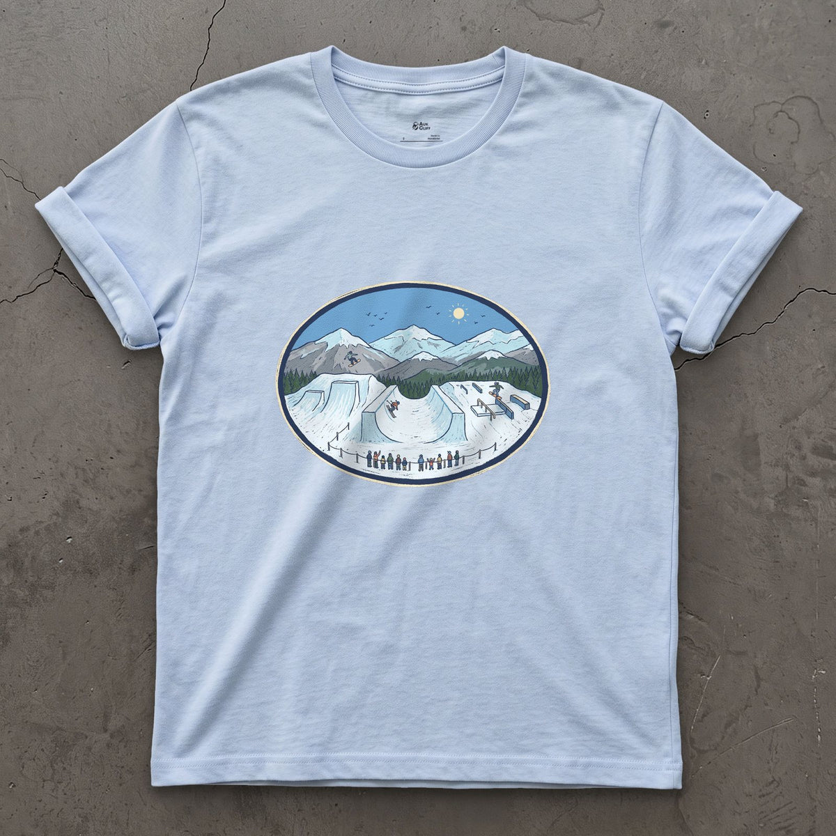 Late Morning in the Snow Terrain Park design on a Light Blue Gildan Softstyle t-shirt