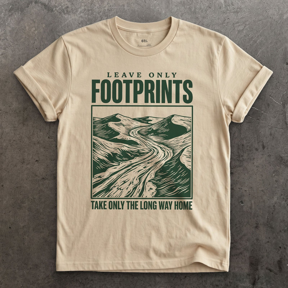 Leave Only Footprints, Valley Road design on a Sand Gildan Softstyle t-shirt