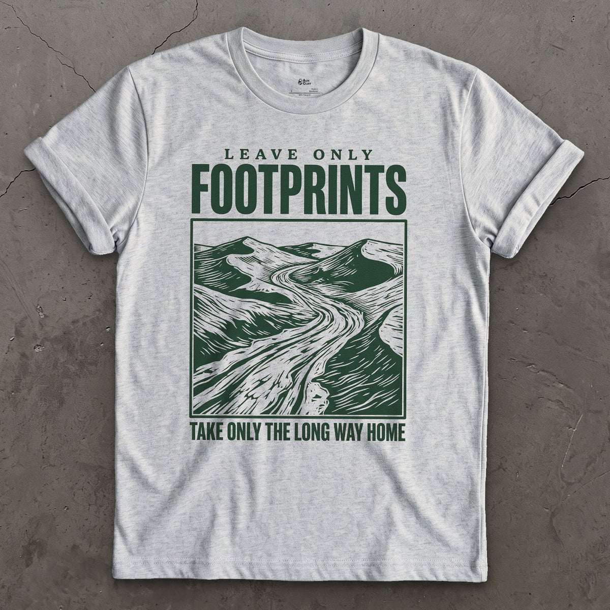 Leave Only Footprints, Valley Road design on a Sport Grey Gildan Softstyle t-shirt