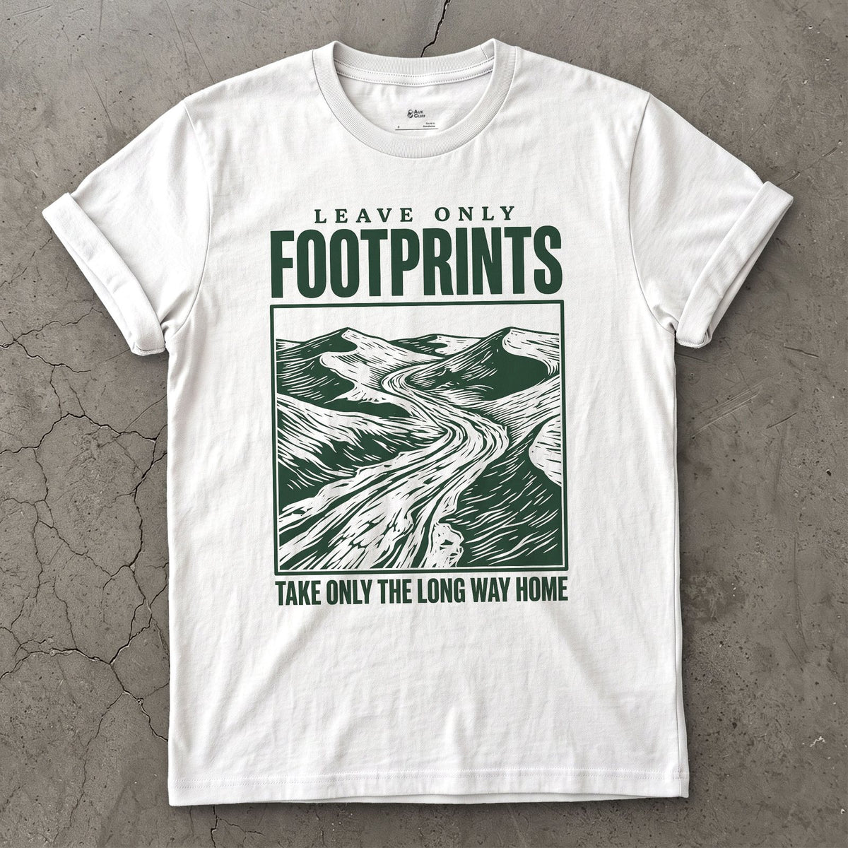 Leave Only Footprints, Valley Road design on a White Gildan Softstyle t-shirt