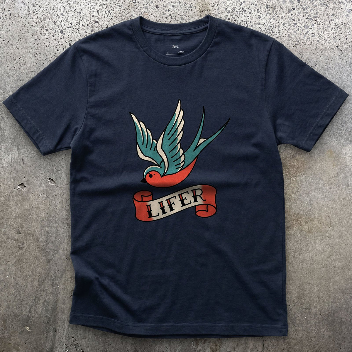 Lifer, Swallow With Wings Spread Wide design on a Navy Gildan Softstyle t-shirt