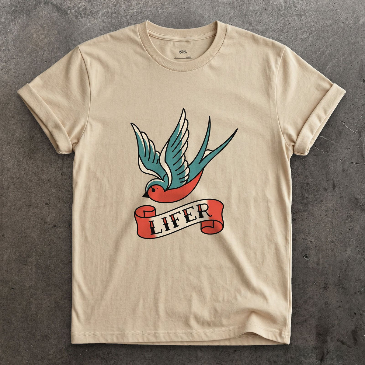 Lifer, Swallow With Wings Spread Wide design on a Sand Gildan Softstyle t-shirt
