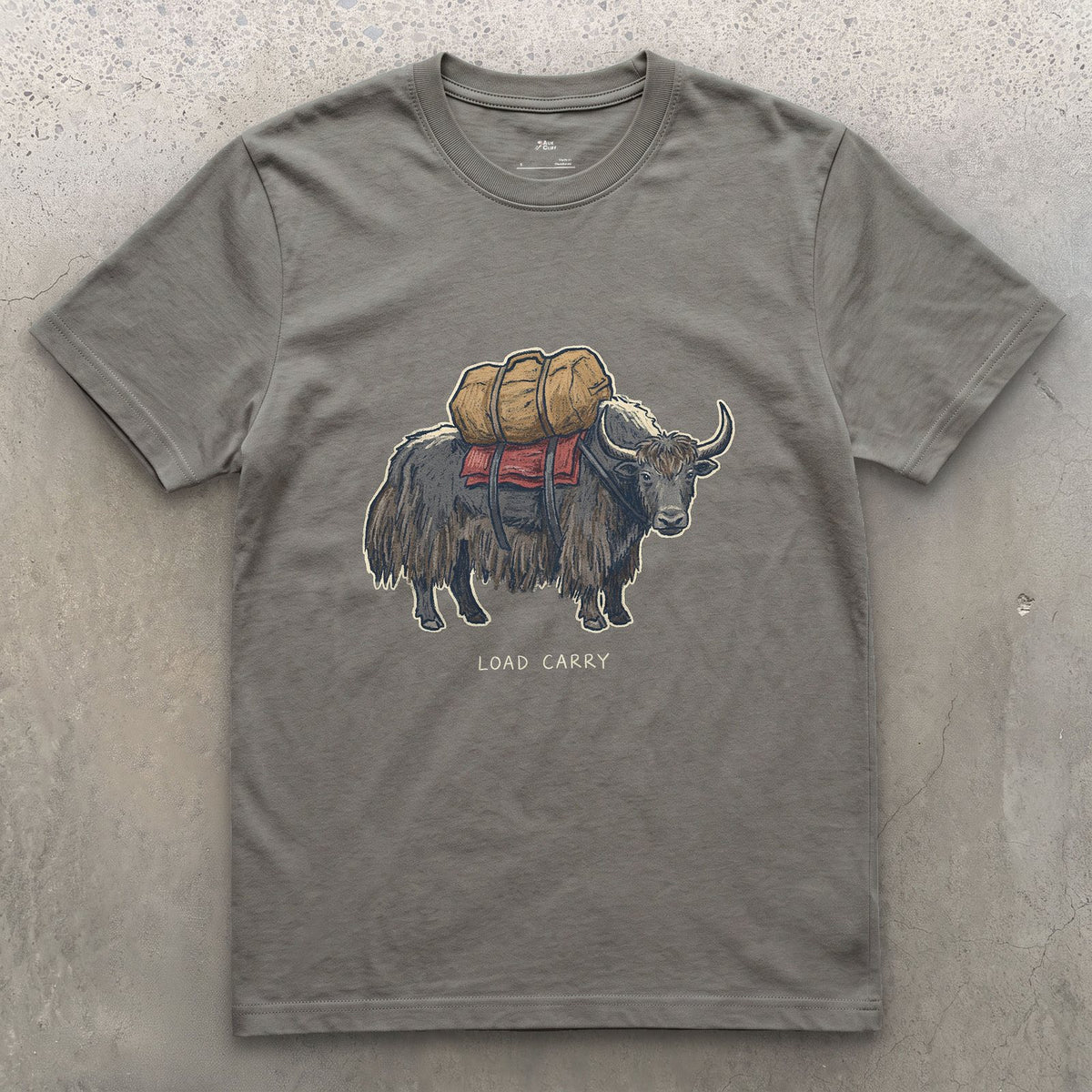 Expedition Load Carry, Yak With a Full Pack design on a Charcoal Gildan Softstyle t-shirt