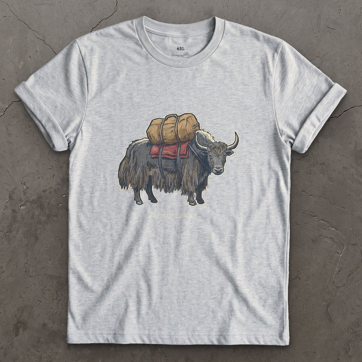 Expedition Load Carry, Yak With a Full Pack design on a Sport Grey Gildan Softstyle t-shirt