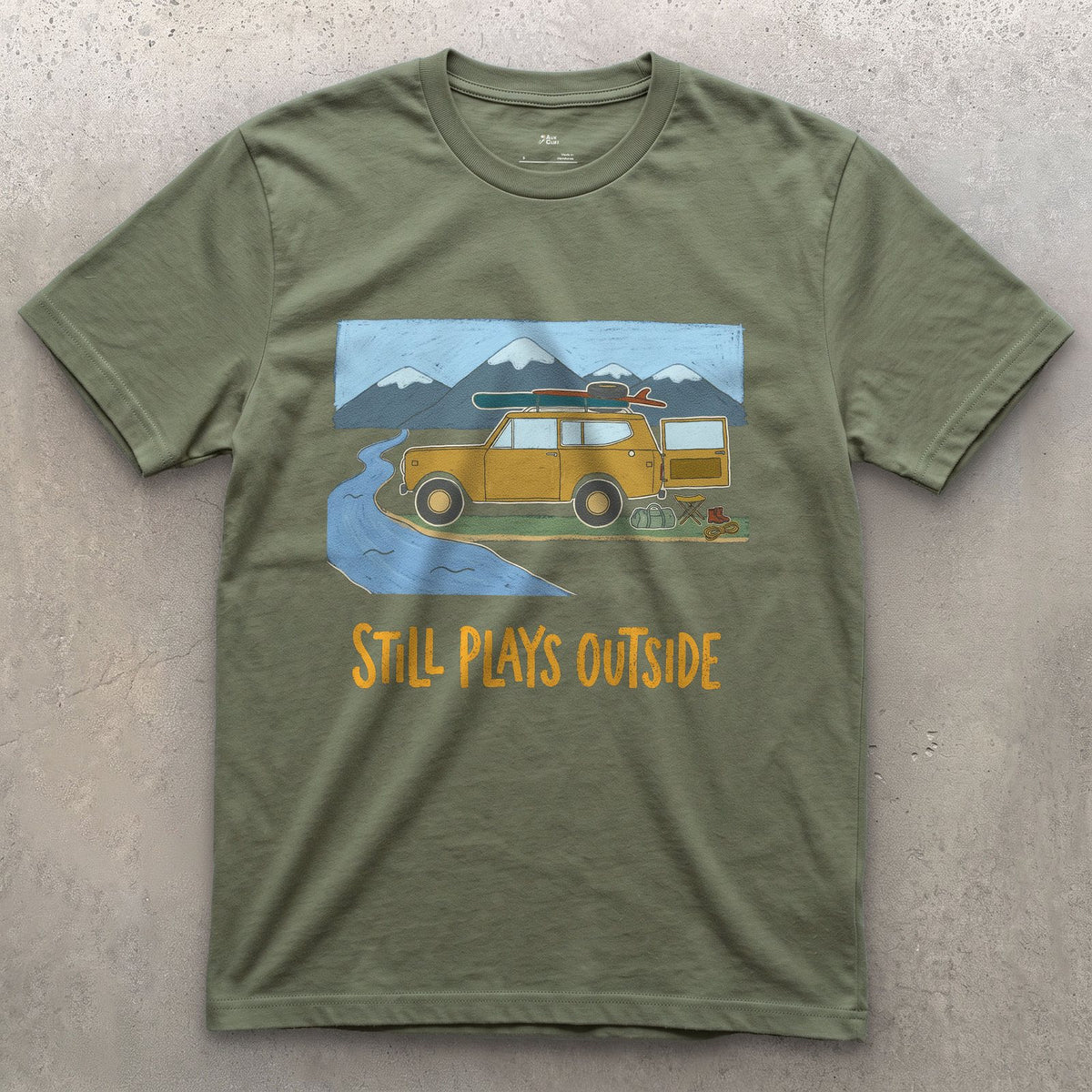 Still Plays Outside, 4x4 Creek Crossing design on a Military Green Gildan Softstyle t-shirt