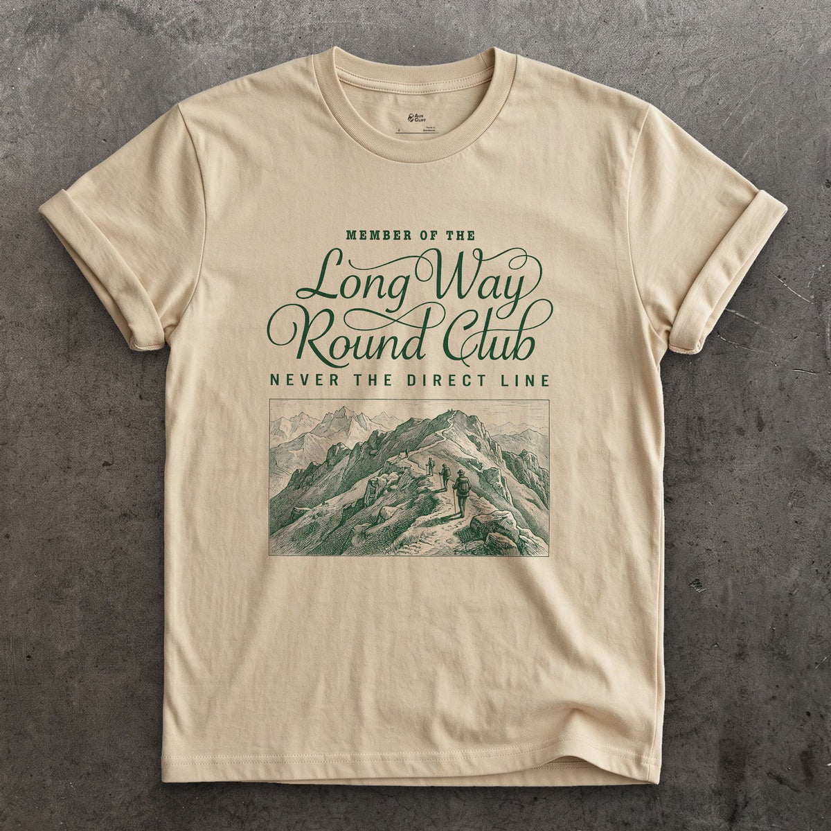 Long Way Round Club, Never the Direct Line to the Summit design on a Sand Gildan Softstyle t-shirt