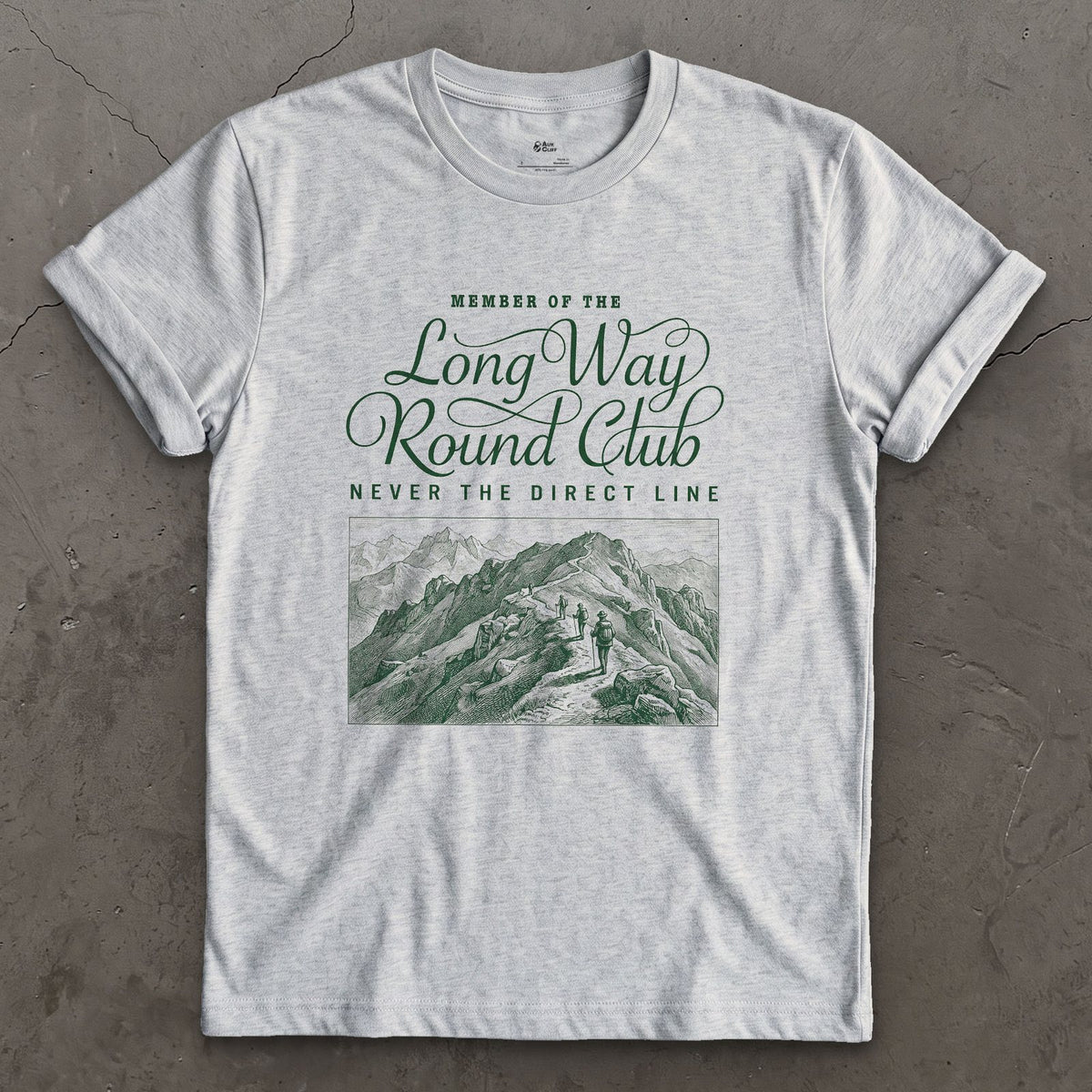Long Way Round Club, Never the Direct Line to the Summit design on a Sport Grey Gildan Softstyle t-shirt