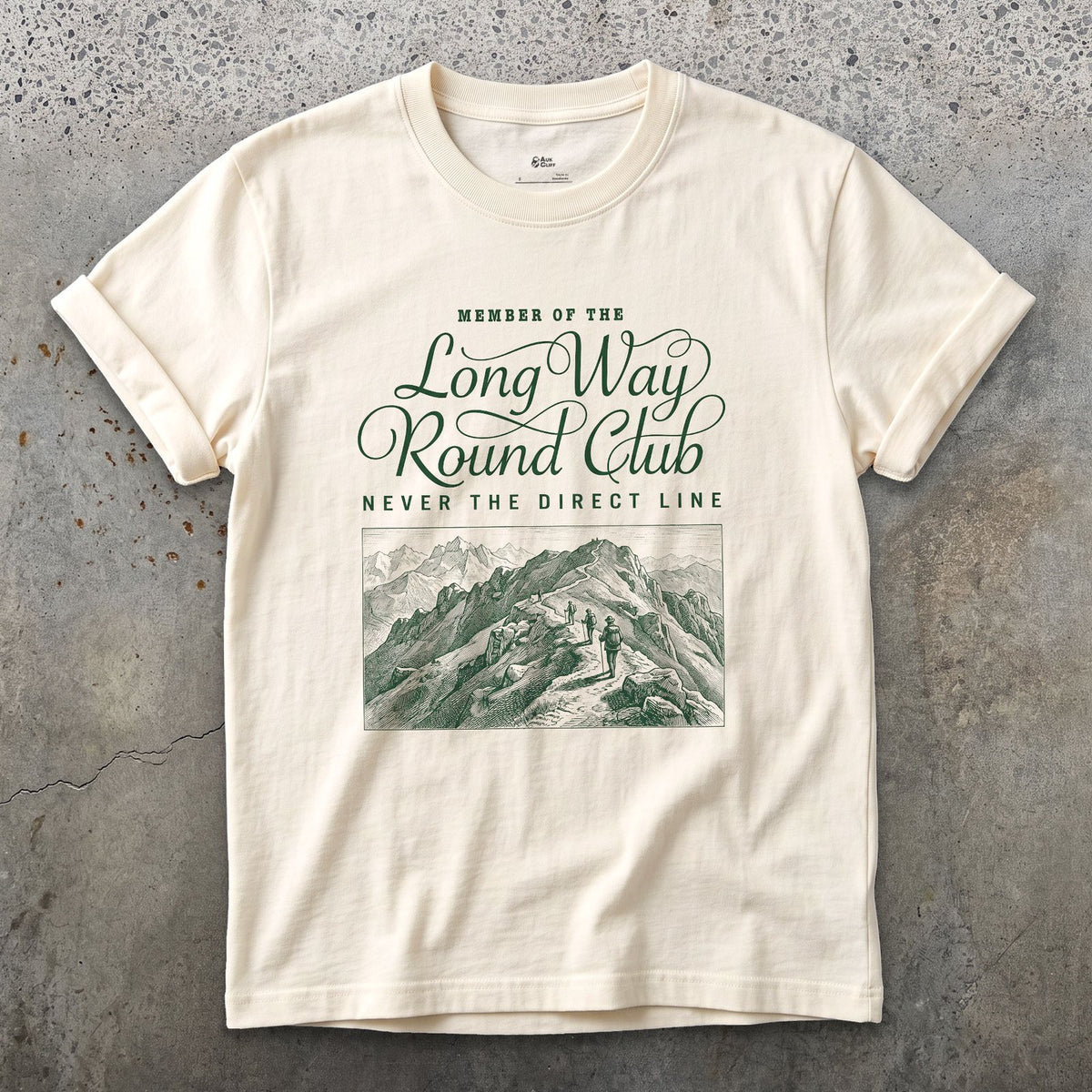 Long Way Round Club, Never the Direct Line to the Summit design on a Natural Gildan Softstyle t-shirt