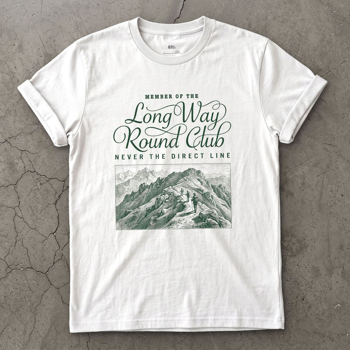 Long Way Round Club, Never the Direct Line to the Summit design on a White Gildan Softstyle t-shirt