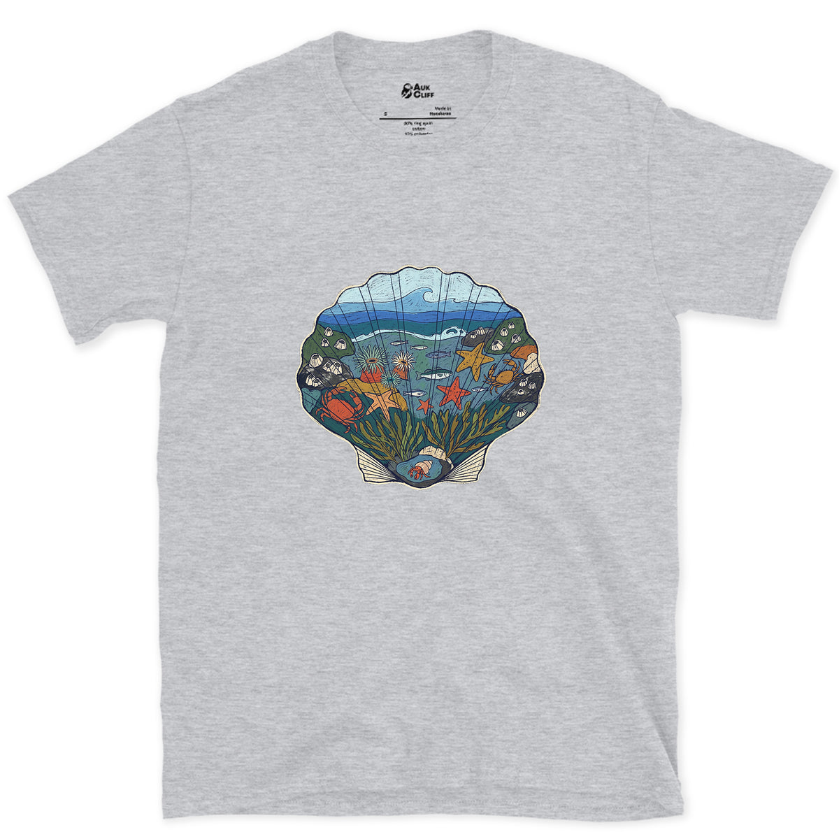 Low Tide in a Scallop Shell design on a Sport Grey Gildan Softstyle t-shirt