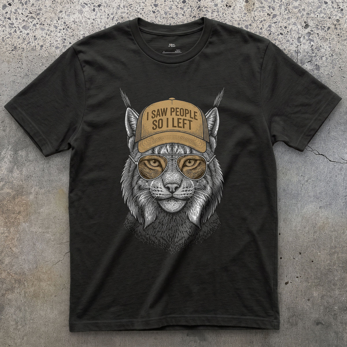 I Saw People So I Left, Lynx on the Trail design on a Black Gildan Softstyle t-shirt