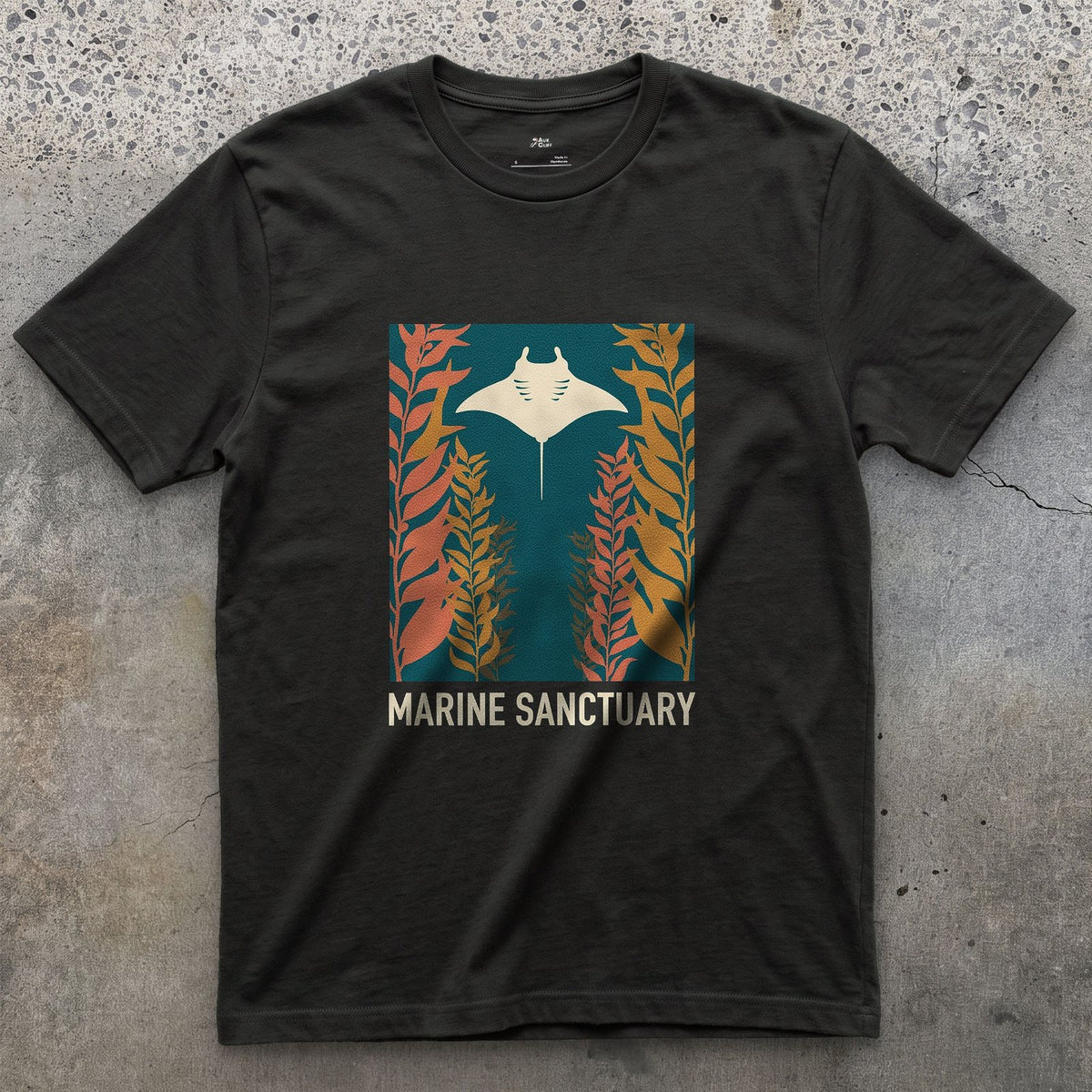 Manta Ray Gliding Through a Kelp Forest design on a Black Gildan Softstyle t-shirt