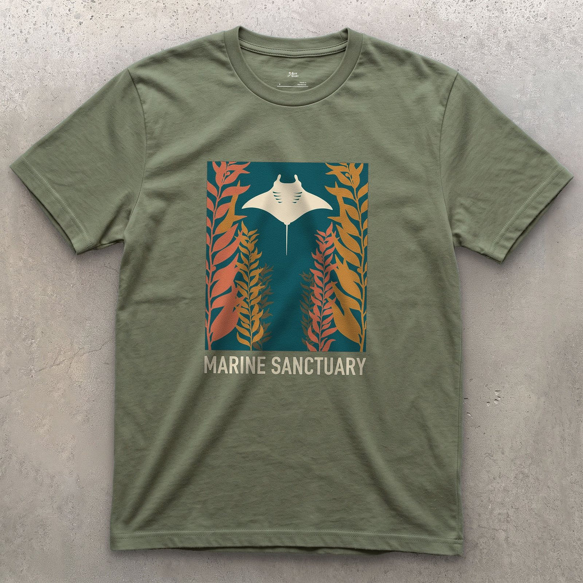 Manta Ray Gliding Through a Kelp Forest design on a Military Green Gildan Softstyle t-shirt