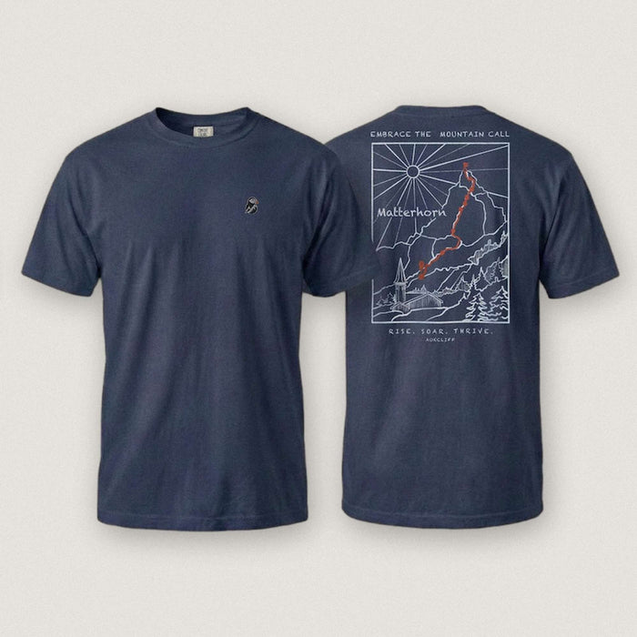 AukCliff Matterhorn tee in True Navy, ridgeline line art across the back