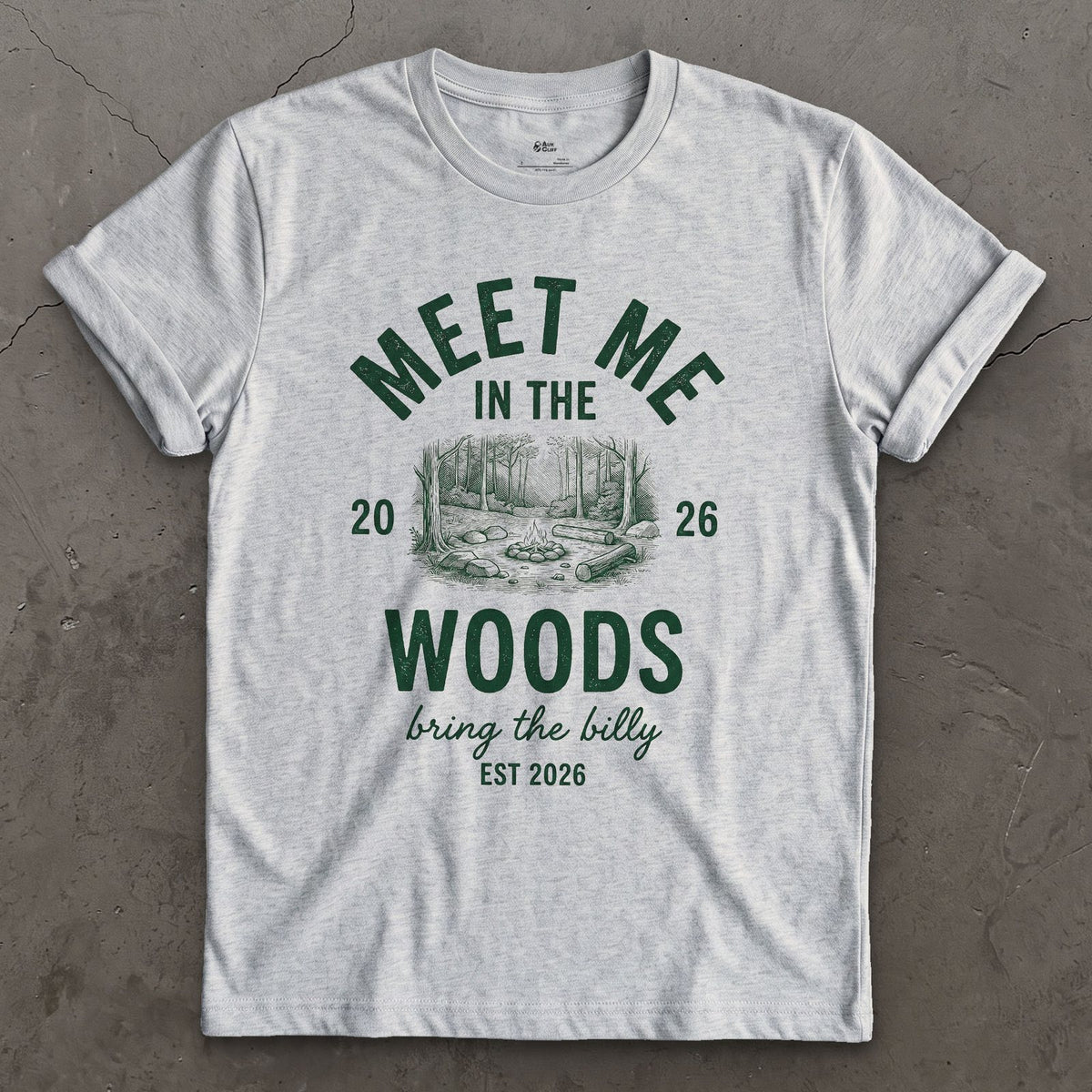 Meet Me in the Woods, Bring the Billy design on a Sport Grey Gildan Softstyle t-shirt