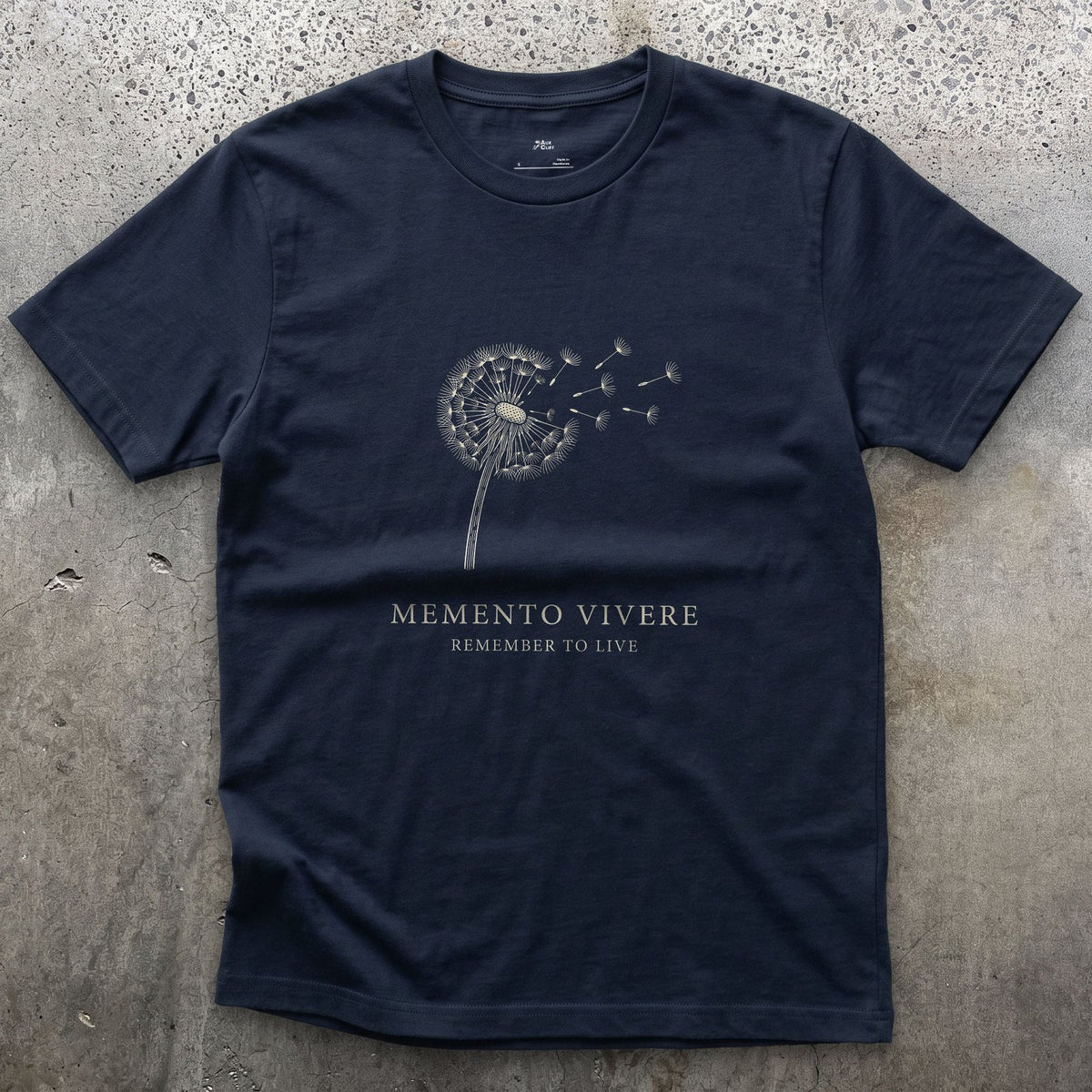 Memento Vivere, Remember to Live design on a Navy Gildan Softstyle t-shirt