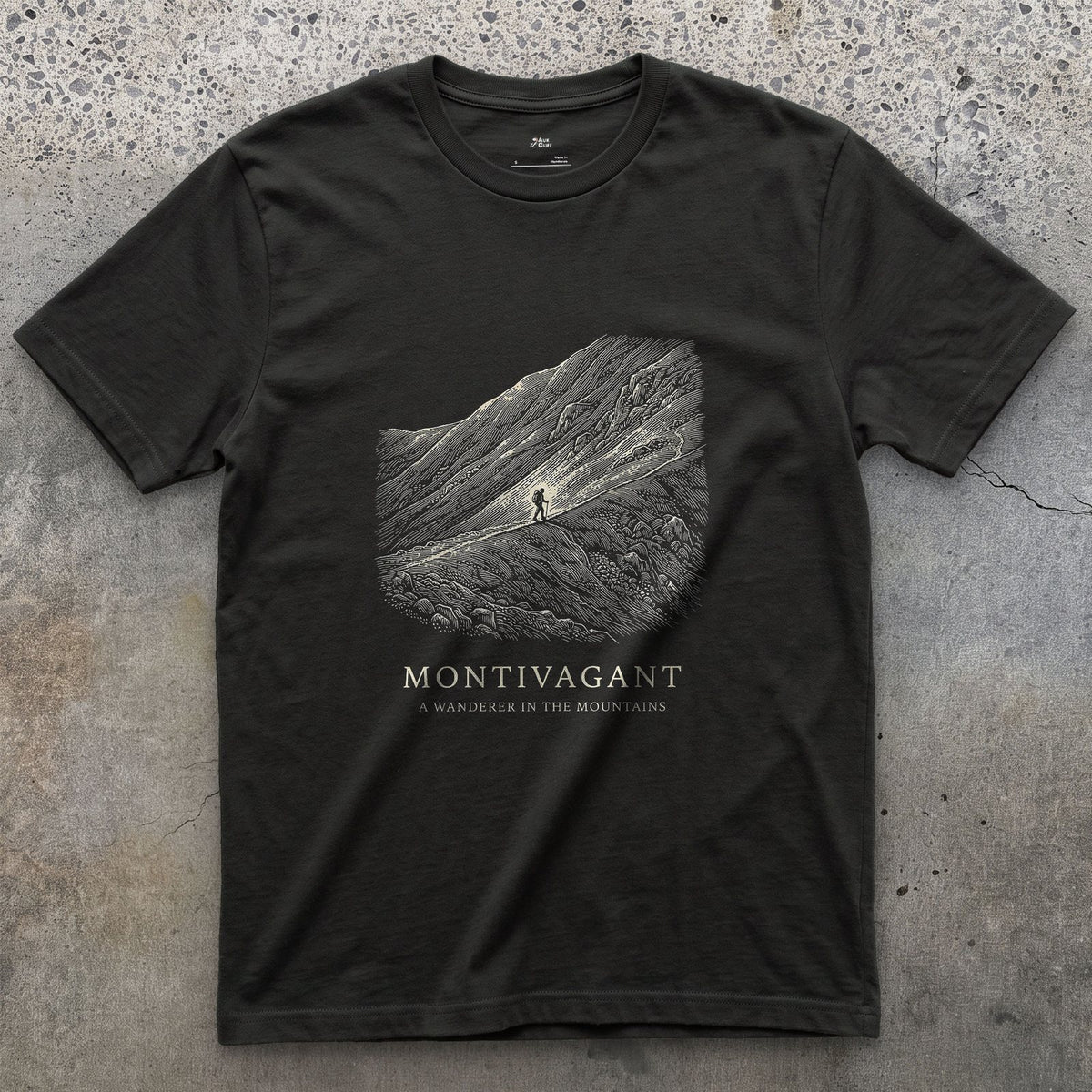 Montivagant, a Wanderer in the Mountains design on a Black Gildan Softstyle t-shirt