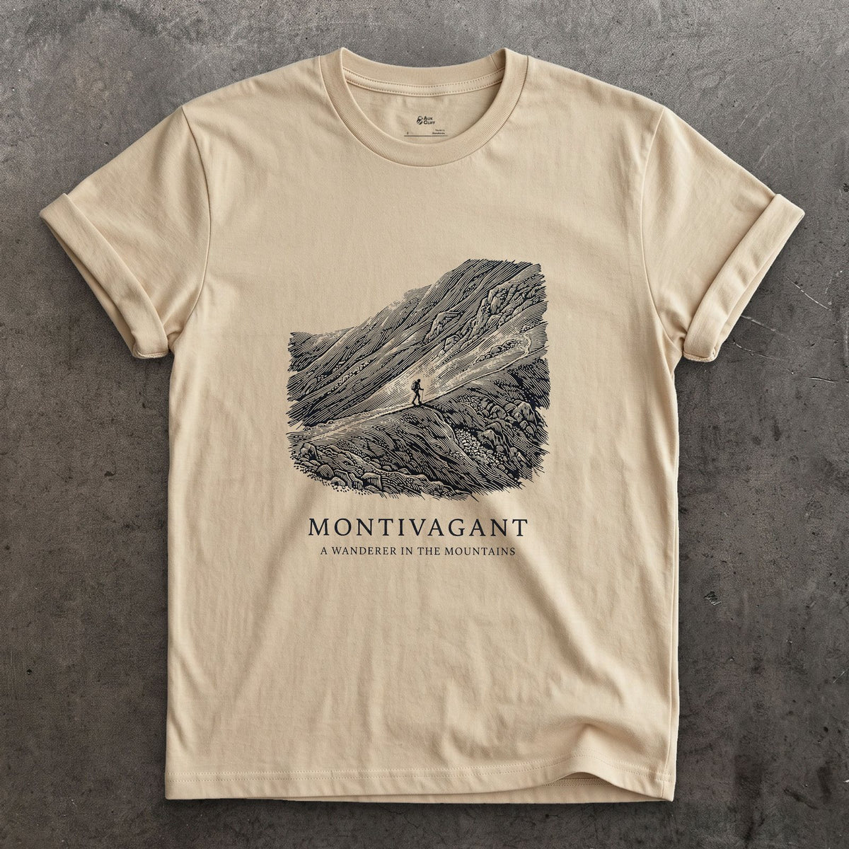 Montivagant, a Wanderer in the Mountains design on a Sand Gildan Softstyle t-shirt