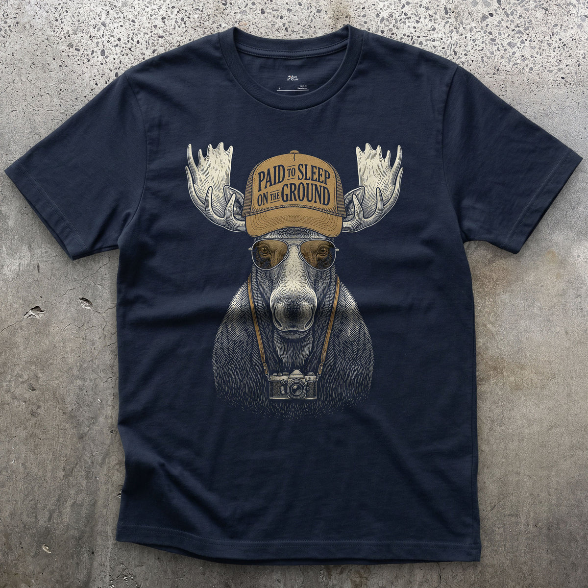 Paid to Sleep on the Ground, Moose on the Road design on a Navy Gildan Softstyle t-shirt