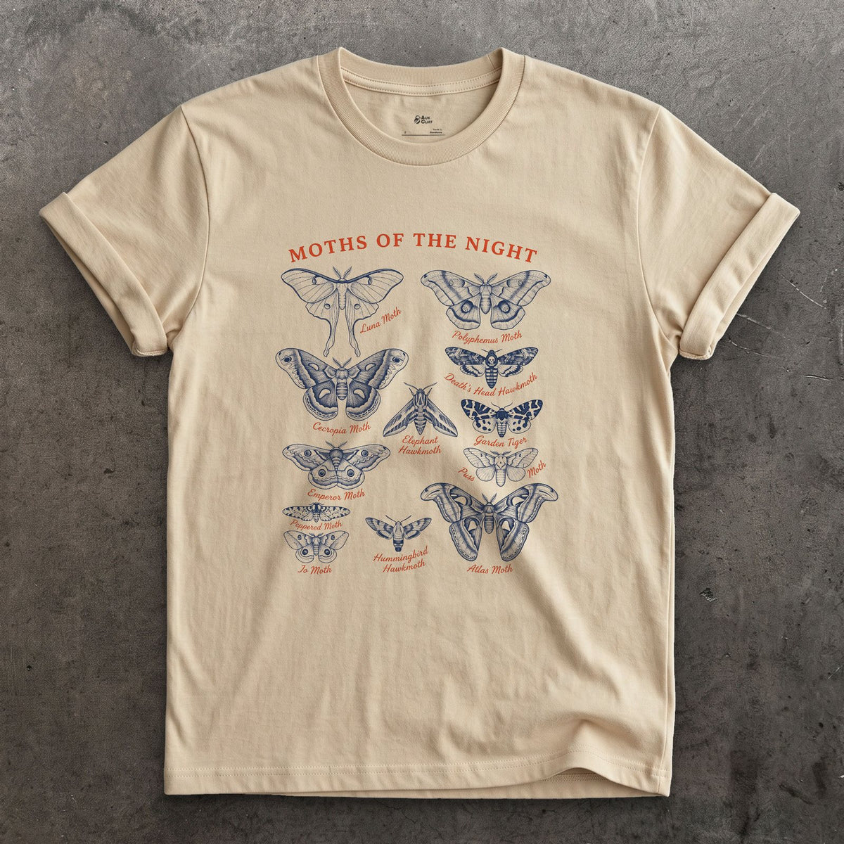Moths of the Night, a Field Guide design on a Sand Gildan Softstyle t-shirt
