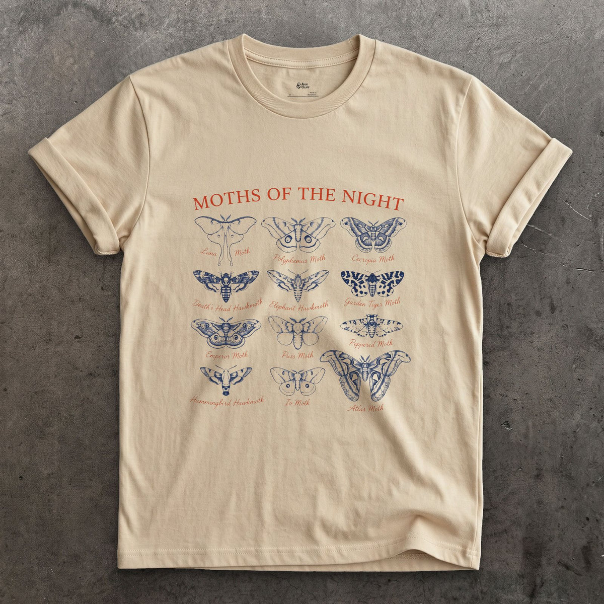 Twelve Moths of the Night, a Field Guide Plate design on a Sand Gildan Softstyle t-shirt