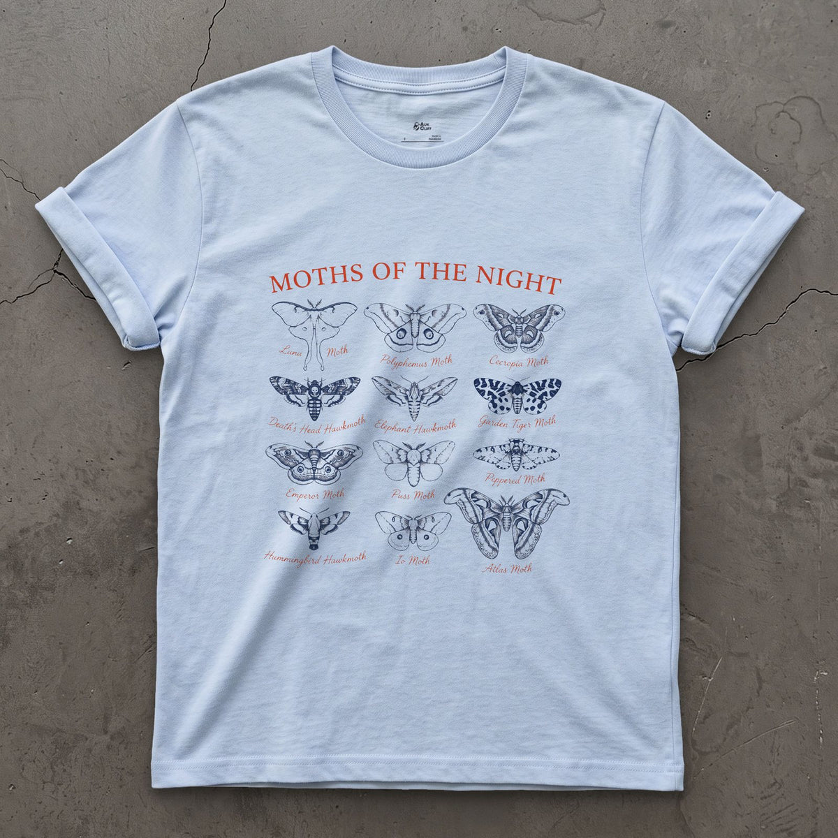 Twelve Moths of the Night, a Field Guide Plate design on a Light Blue Gildan Softstyle t-shirt