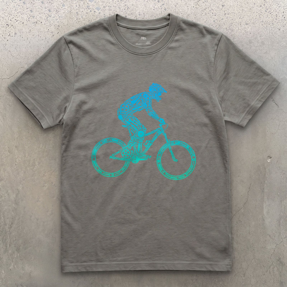 Minimal Enough to Read at Speed, Downhill Rider design on a Charcoal Gildan Softstyle t-shirt