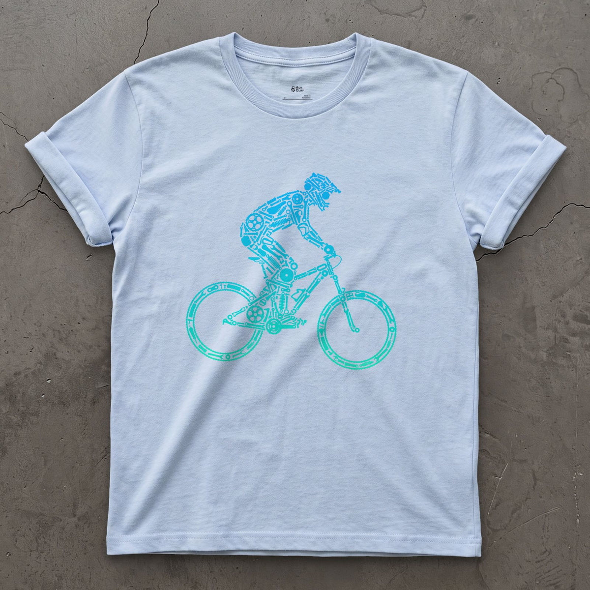 Minimal Enough to Read at Speed, Downhill Rider design on a Light Blue Gildan Softstyle t-shirt