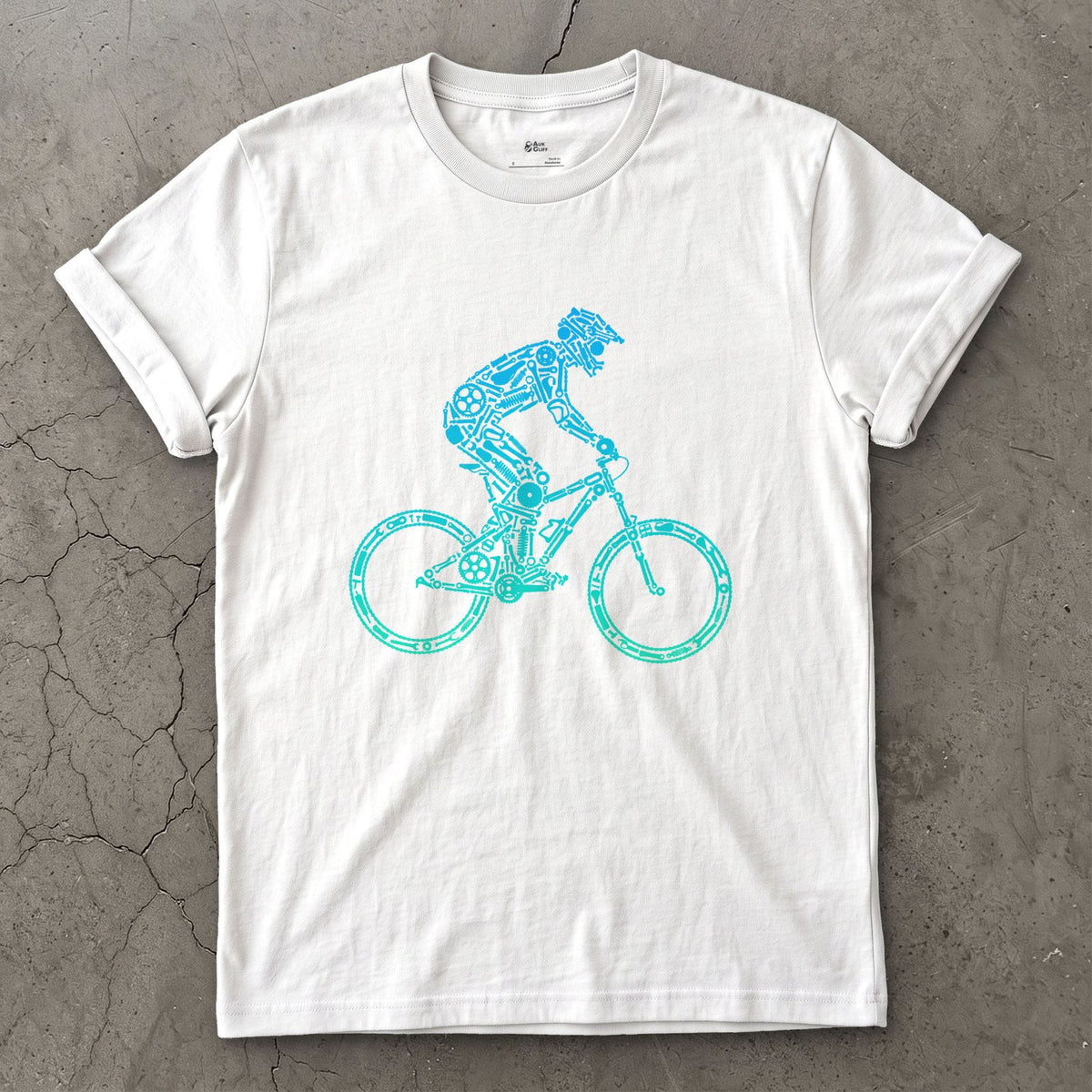 Minimal Enough to Read at Speed, Downhill Rider design on a White Gildan Softstyle t-shirt