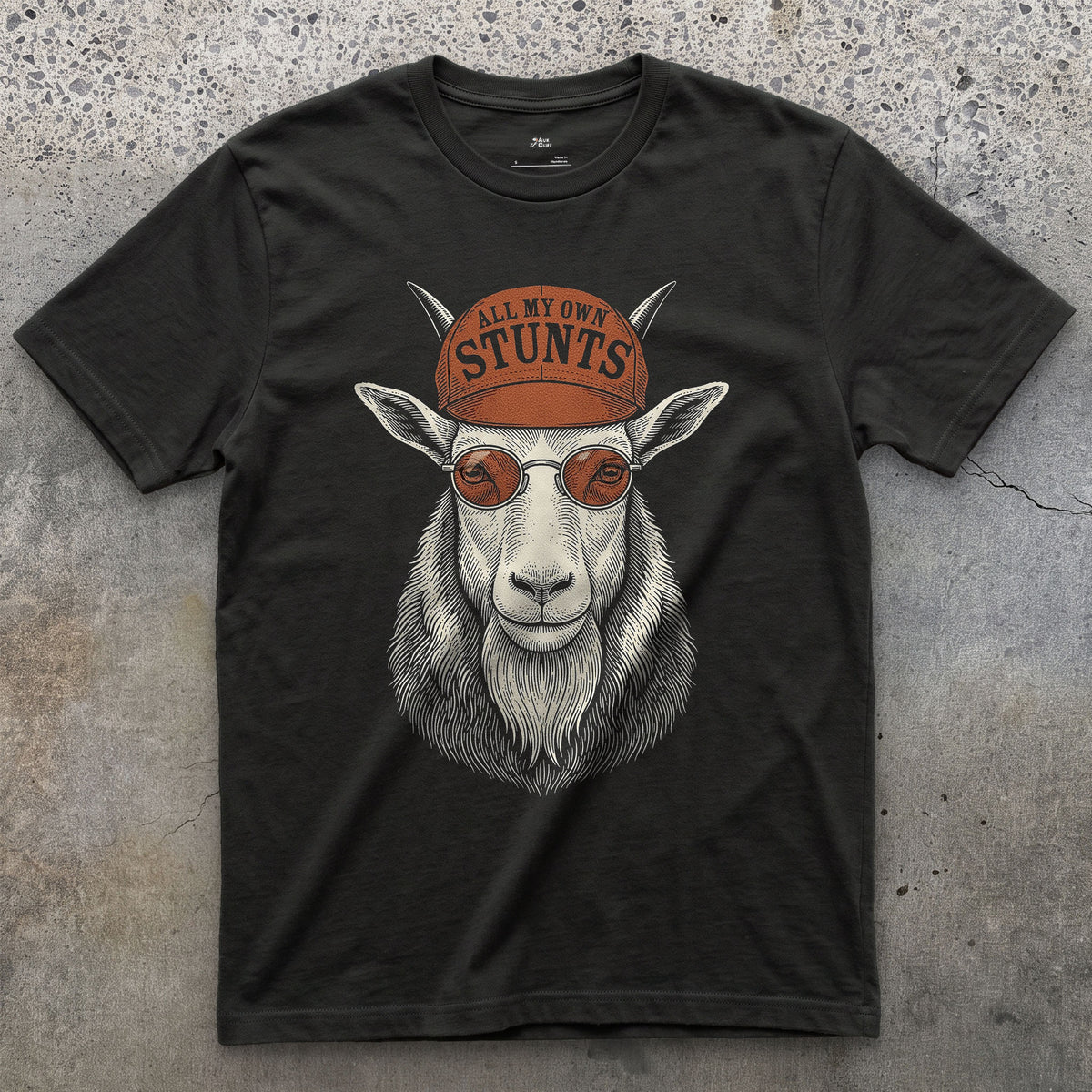 All My Own Stunts, Mountain Goat on the Trail design on a Black Gildan Softstyle t-shirt