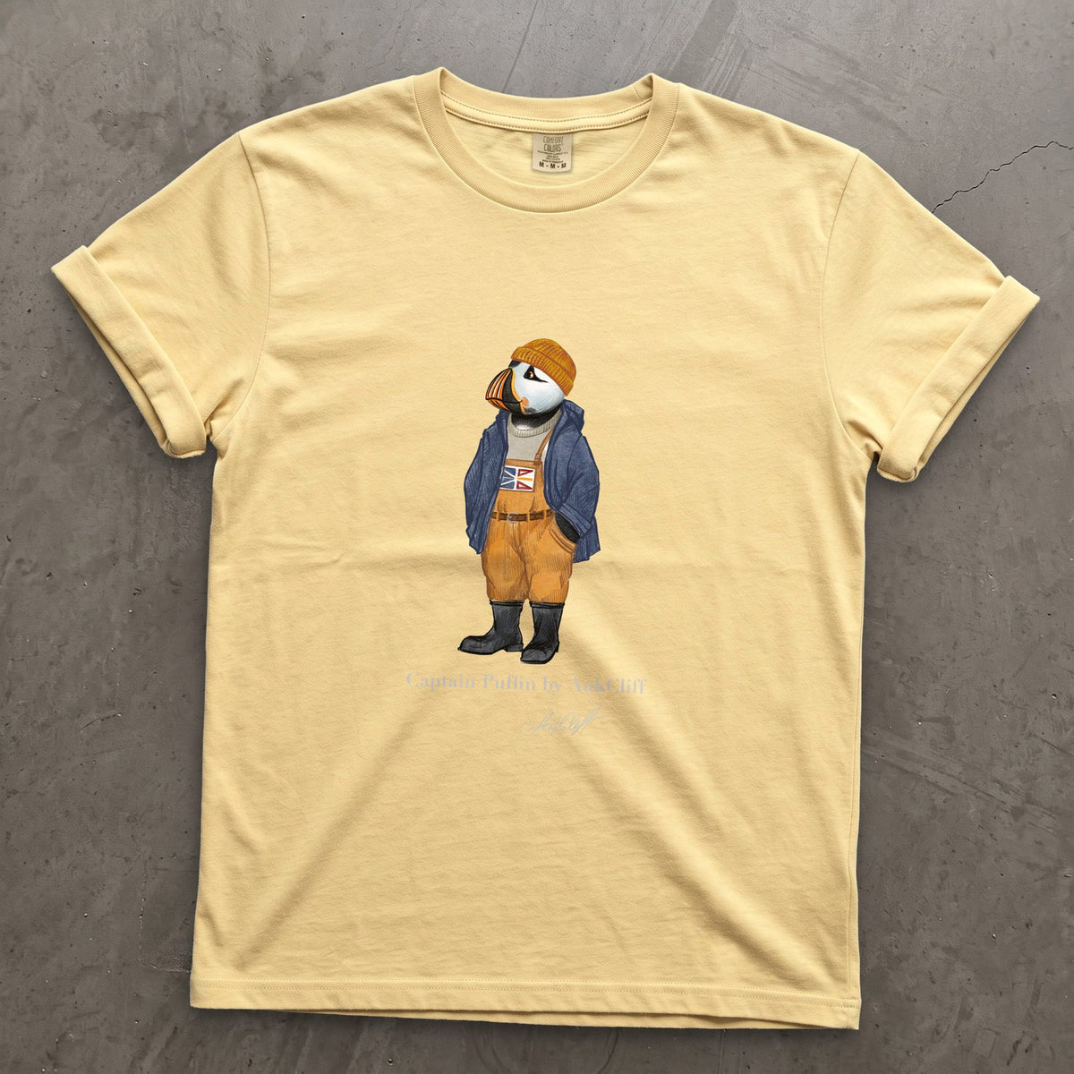 Captain Puffin Newfoundland & Labrador on a Butter Comfort Colors t-shirt