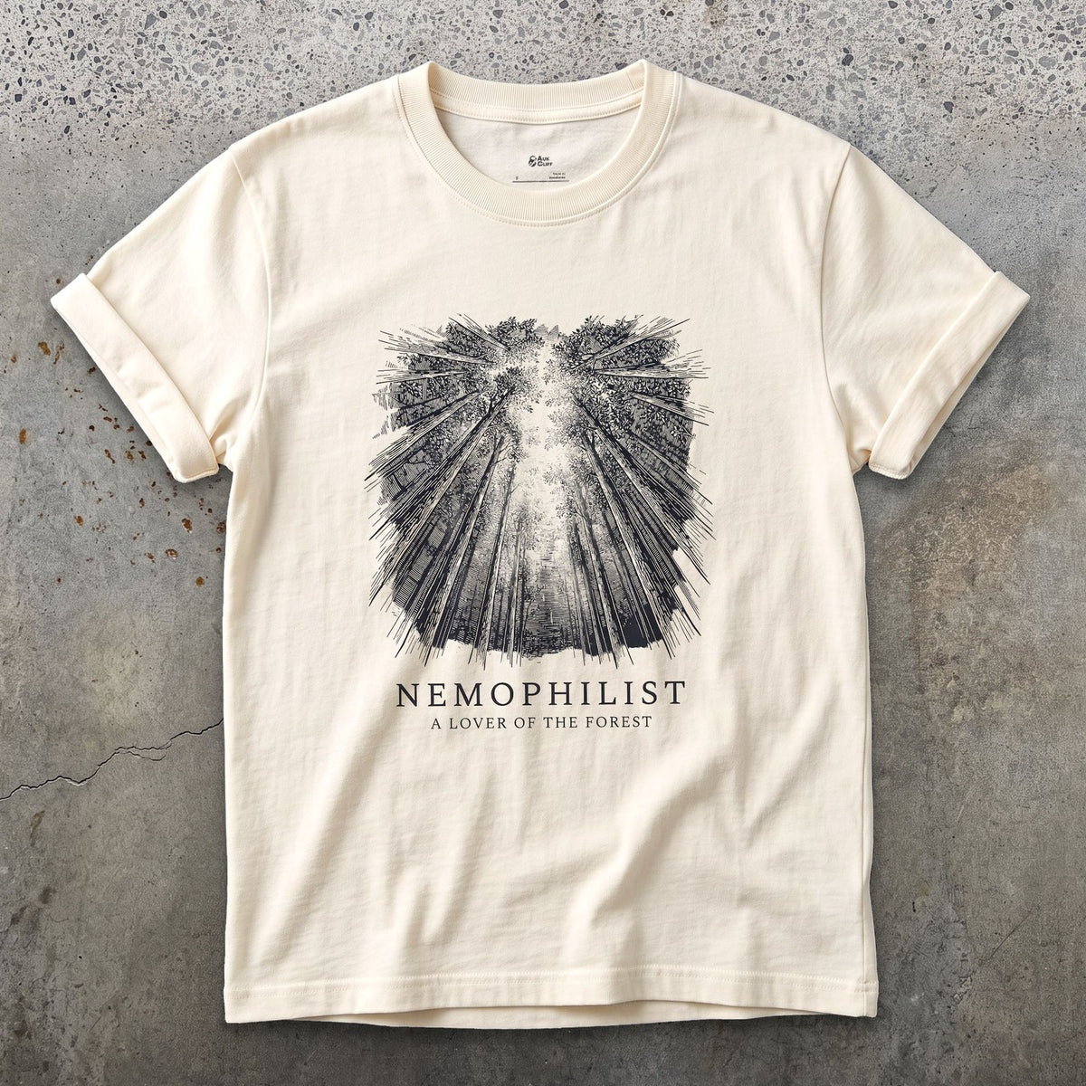 Nemophilist, a Lover of the Forest design on a Natural Gildan Softstyle t-shirt