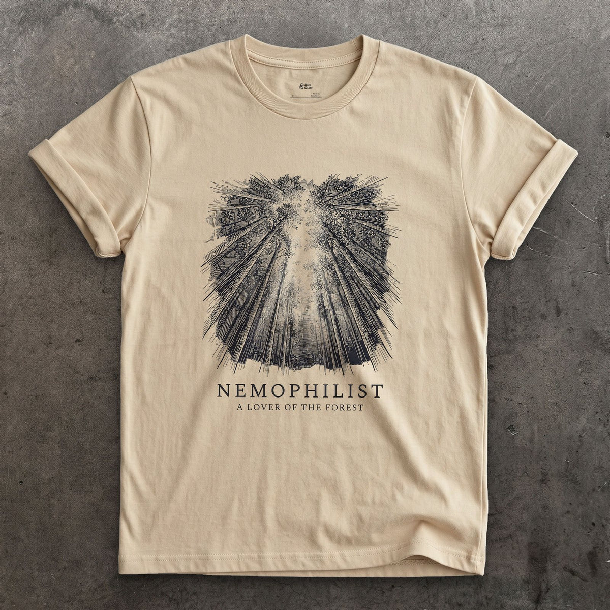 Nemophilist, a Lover of the Forest design on a Sand Gildan Softstyle t-shirt