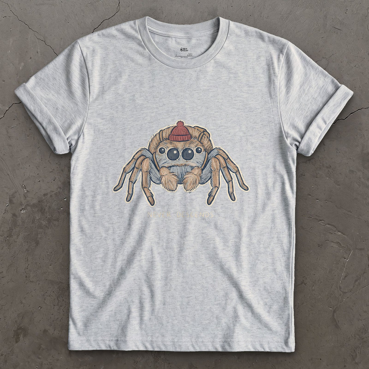 Spider, Climbs but Never Descends design on a Sport Grey Gildan Softstyle t-shirt