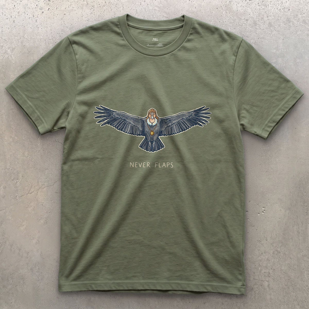 Never Flaps, High Country Condor on a Thermal design on a Military Green Gildan Softstyle t-shirt