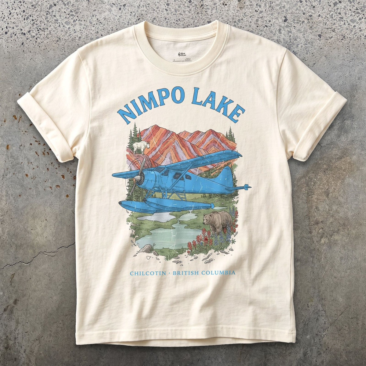 Nimpo Lake Bush Plane design on a Natural Gildan Softstyle t-shirt