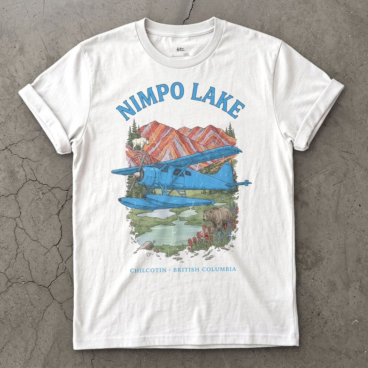 Nimpo Lake Bush Plane design on a White Gildan Softstyle t-shirt